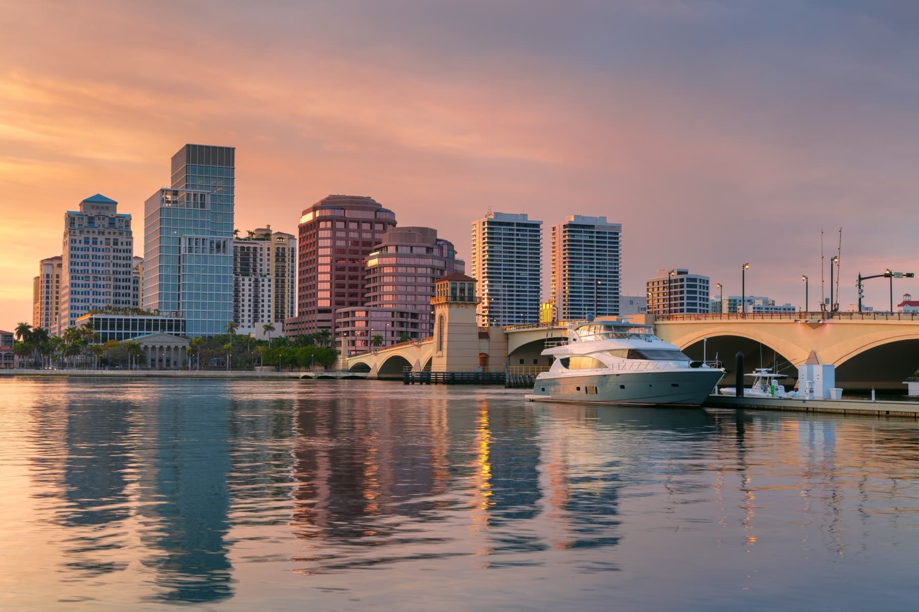 West Palm Beach skyline and waterfront at sunset